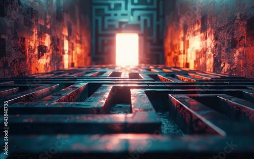 A futuristic maze hallway with an illuminated exit, creating a mysterious and intriguing atmosphere. Cyberpunk design with warm lighting.