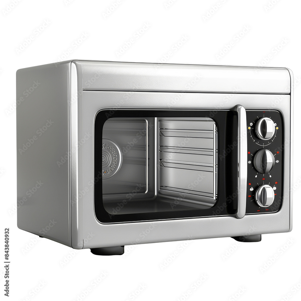 Fototapeta premium A modern, sleek white microwave oven with a glass door and control knobs.