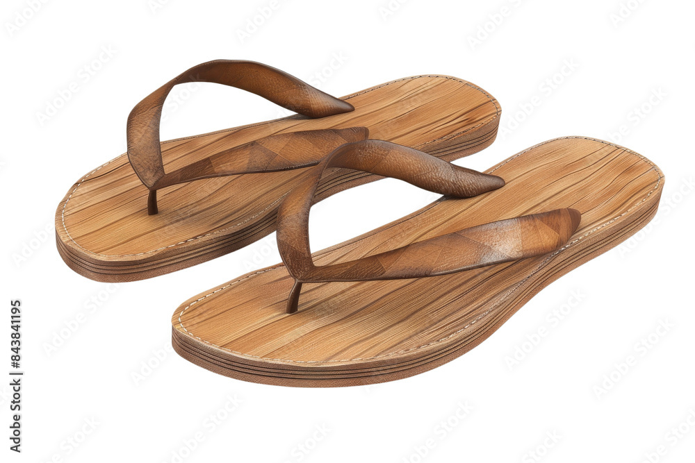 A pair of brown wooden flip flops isolated on a white background. The sandals have a simple design and are perfect for summer. A pair of brown wooden flip flops isolated on a white background. The sandals have a simple design and are perfect for summer.