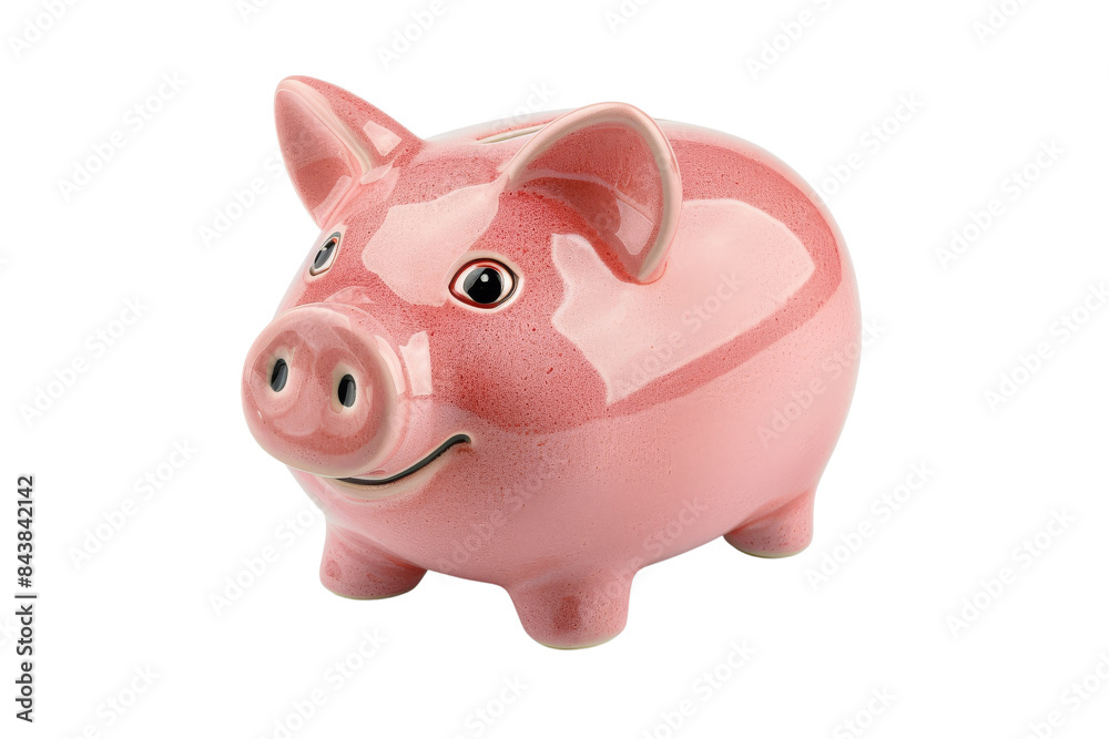 A pink ceramic piggy bank with a smiling face and a coin slot on its back. A pink ceramic piggy bank with a smiling face and a coin slot on its back.