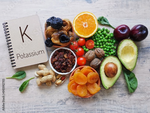 Potassium rich foods. High potassium foods with chemical symbol K. Natural dietary sources of potassium include dried apricot, orange, prunes, spinach, nuts, peanuts, raisins, peas, avocado, tomatoes.