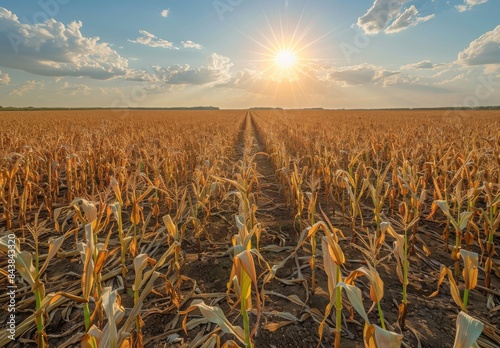 A vast field of withered corn stalks under a blazing sun