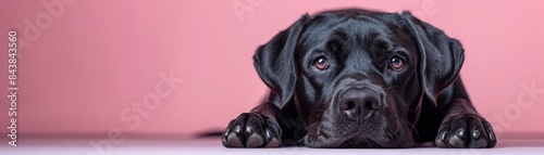 Adorable black Labrador Retriever puppy with sad eyes lying down against a pink background. Perfect for pet lovers and animal-themed designs. © EmPics