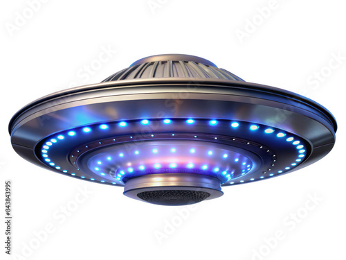 Futuristic flying saucer with blue lights, showcasing advanced extraterrestrial technology, isolated on transparent background, png.