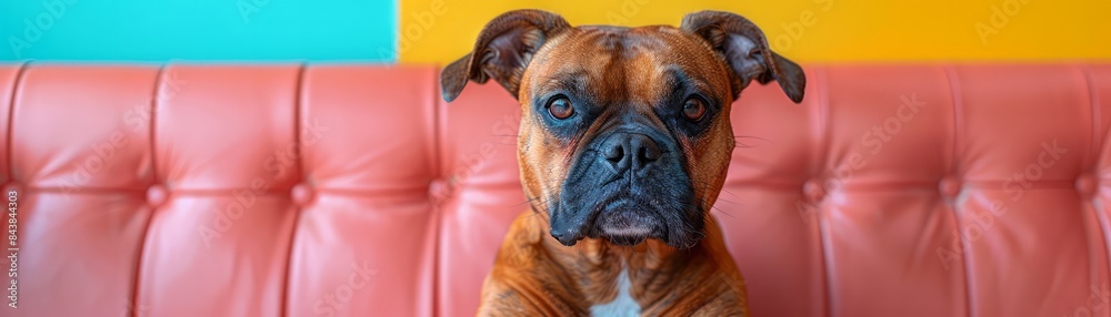 Fototapeta premium Brown boxer dog sitting on a red couch with a colorful background. The dog has a serious expression and is looking directly at the camera.