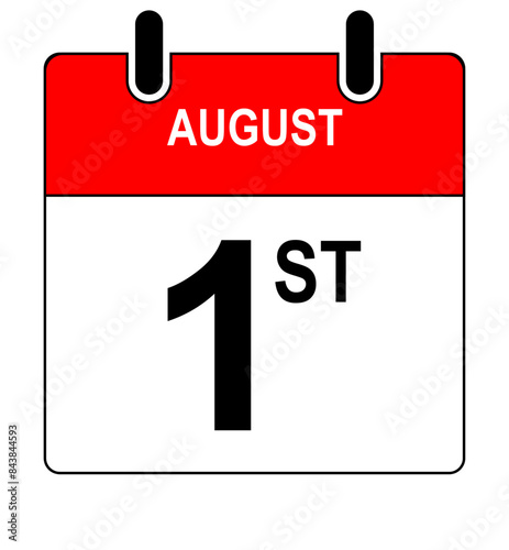 1st August Calendar Date or Calendar Day for Appointments / Deadlines, Reminder Isolated On a Transparent Background. Vector Illustration,
