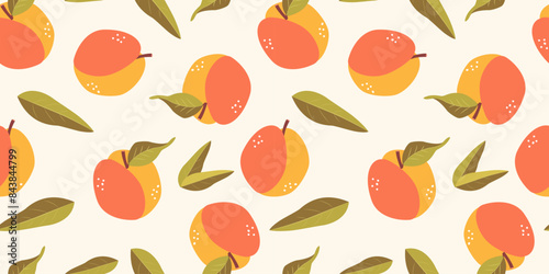 Seamless pattern with fresh peaches fruits illustration. Design for cosmetics, spa, juice, health care products, perfume, paper, cover, fabric, interior decor. Trendy background.