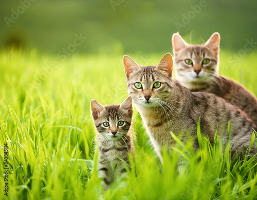 Wallpaper Mural Beautiful cat family inside green sunny grass. Torontodigital.ca