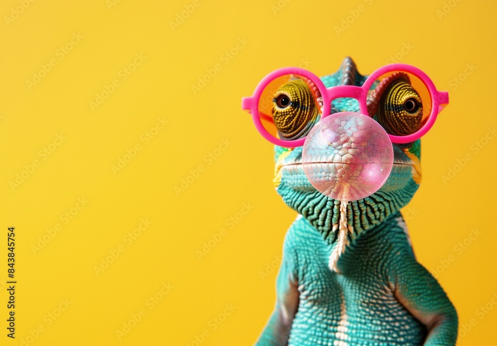 © paffy - Quirky chameleon in pink glasses blowing a bubble