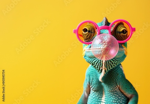 Quirky chameleon in pink glasses blowing a bubble