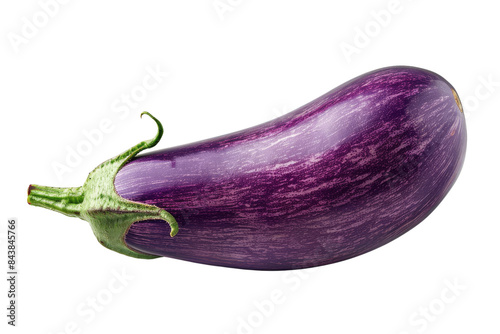 A single, ripe eggplant with a deep purple skin and green stem. photo