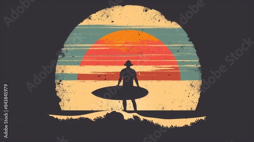 Minimalist surfing illustration with a surfer riding a wave against a vibrant sunset backdrop. Ideal for prints, apparel, and wall art.