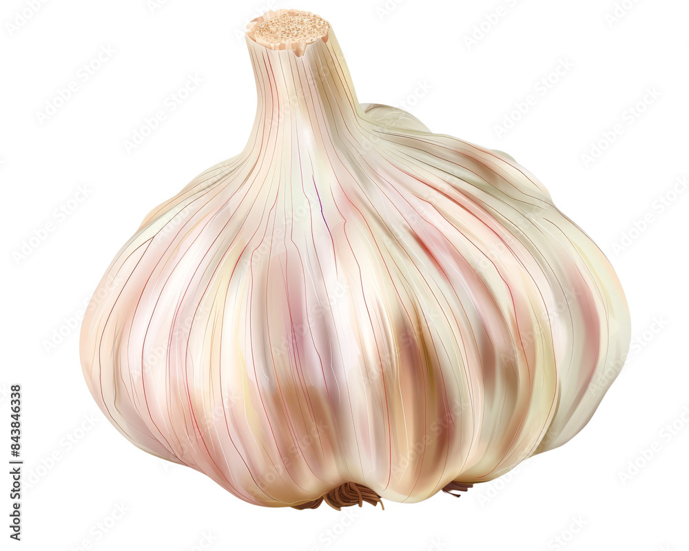 Obraz premium A single, whole garlic bulb with a papery skin, isolated on a white background.