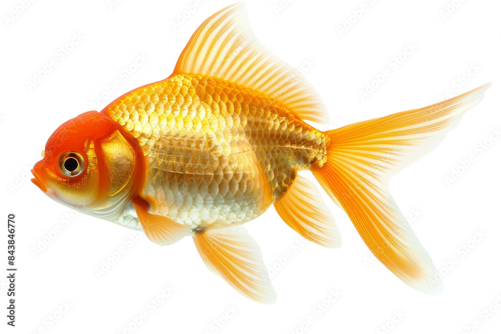 A single goldfish with orange and white scales, swimming against a black background. A single goldfish with orange and white scales, swimming against a black background.