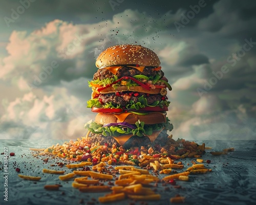 A mountain of greasy fast food casting a long shadow over a sad, wilted salad, symbolizing the overshadowing of healthy choices photo