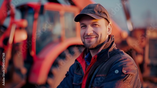 Portrait of a smiling engineer in a working suit standing in front of agricultural machinery. Magenta background. 8k, realistic, full ultra HD, high resolution, and cinematic photography © Rana