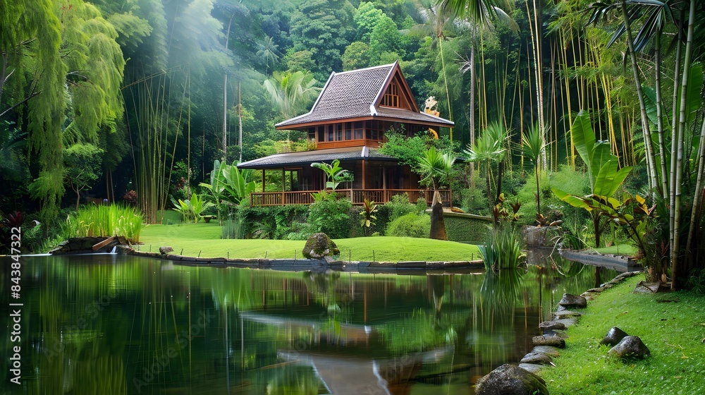 House in a cool and lush tropical forest, small lake in front, surrounded by bamboo trees and greenery House in a cool and lush tropical forest, small lake in front, surrounded by bamboo trees and greenery
