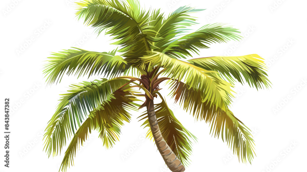 A single palm tree with lush green leaves swaying gently in the breeze. A tropical paradise. A single palm tree with lush green leaves swaying gently in the breeze. A tropical paradise.