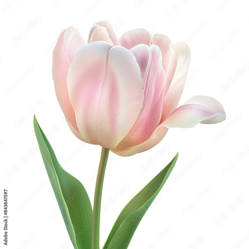 A single pink tulip with green leaves isolated on a black background. A single pink tulip with green leaves isolated on a black background.