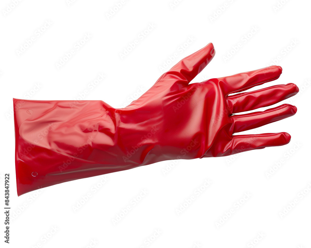 A single red rubber glove isolated on a black background. The glove is extended with the palm facing the viewer. A single red rubber glove isolated on a black background. The glove is extended with the palm facing the viewer.
