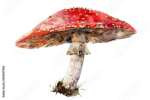 A single red mushroom with white spots, isolated on a black background.  The mushroom has a classic toadstool shape.  The image is perfect for use in a variety of projects. photo