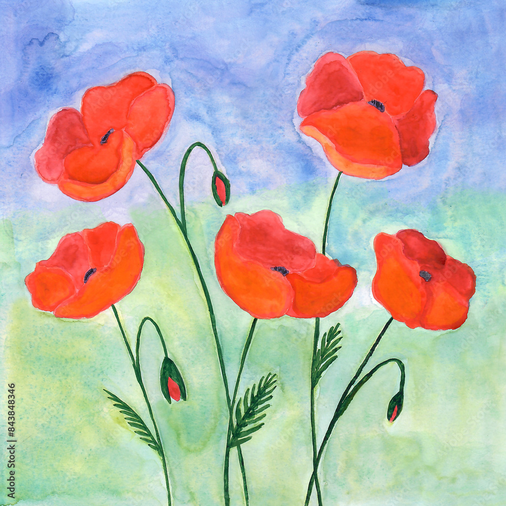 Naklejka premium Red poppy flower watercolor illustration, summer bouquet of field poppies flowers, children naive painting style watercolour art 