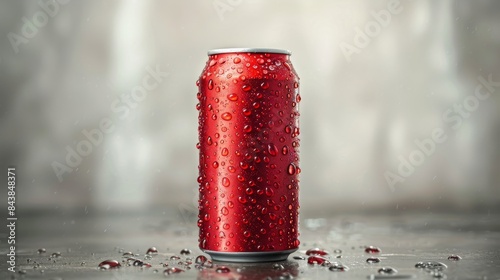 Fresh, brandless red soda can with water beads sitting on a grey background with water drops photo