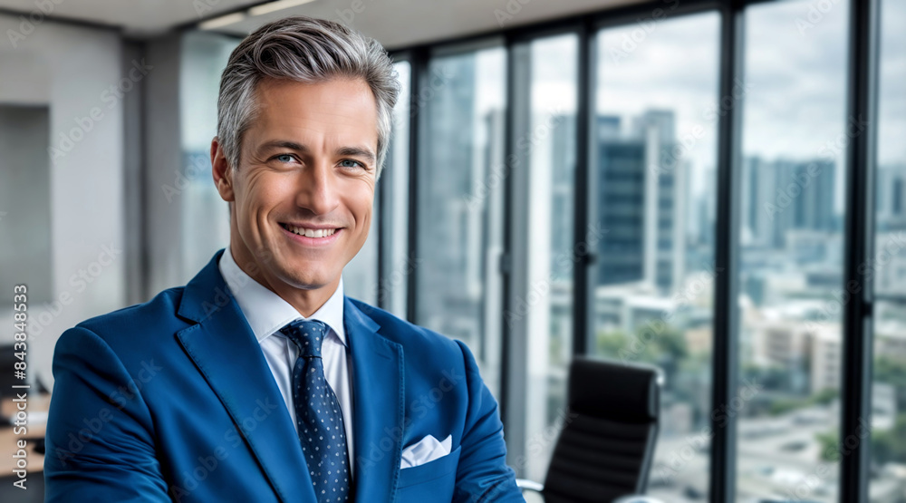 Smiling businessman standing in his modern office with big windows that show the city Smiling businessman standing in his modern office with big windows that show the city