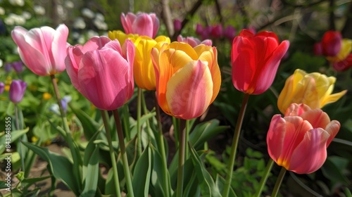 Tulips of varying colors in the garden
