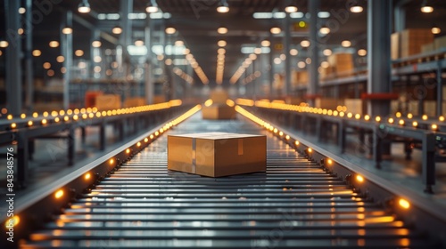 A single cardboard box on a warehouse conveyor belt amid rows of lights photo