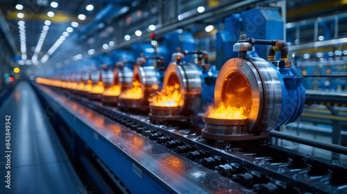 An image of a glassblowing workshop with a line of furnaces emitting bright flames representing industrial glass production and manufacturing processes photo