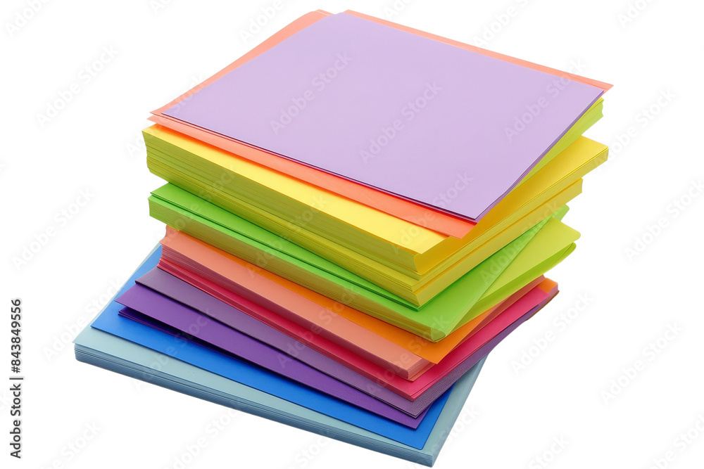A stack of colorful paper sheets in various pastel shades, perfect for office or school supplies. A stack of colorful paper sheets in various pastel shades, perfect for office or school supplies.