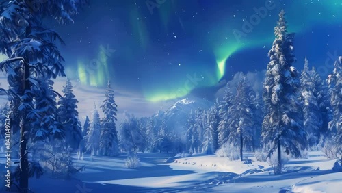 Beautiful winter scene with blue sky and aurora borealis in background photo