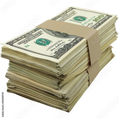 A stack of US dollar bills, secured with rubber bands. The bills are arranged neatly and the image is perfect for representing wealth, success, or financial concepts.
