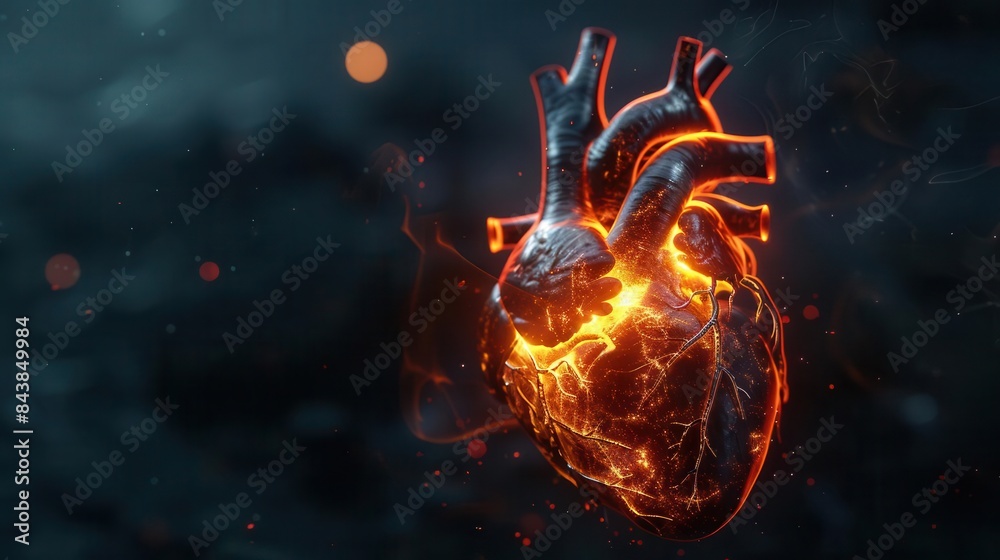 glowing artificial heart with visible arteries on dark background ai generated