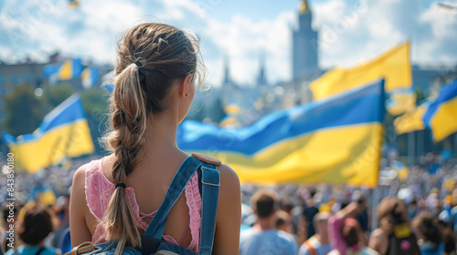 Young girl against the backdrop of a peaceful demonstration in Kyiv on Maidan Square photo