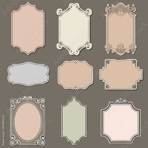 a set of ornate frames and labels