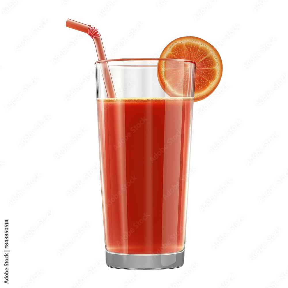A tall glass of orange juice with a straw and an orange slice garnish.  Refreshing and healthy drink.