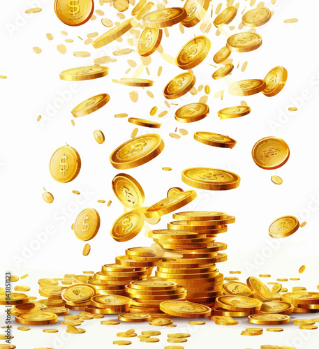 a pile of gold coins falling into the air