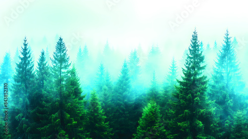 Misty landscape with fir forest in vintage style. There are mountain peaks in the distance