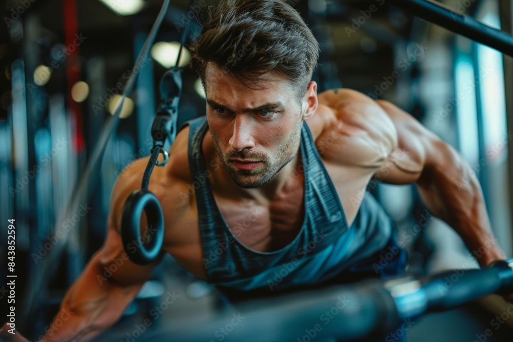 Individual engaged in physical fitness routine, gym environment, clean background