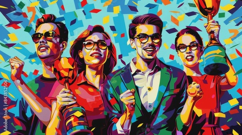 People celebrating their success with confetti falling from above.