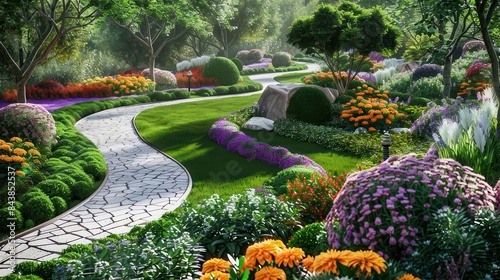 Fototapeta Naklejka Na Ścianę i Meble -  lush green garden with vibrant flowers and winding paths ai generated landscape