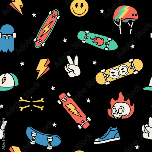 Skateboard seamless pattern. Skateboard background.Vector seamless pattern with illustrations of skateboards, bolts of lightning, caps, and peace hand signs.
