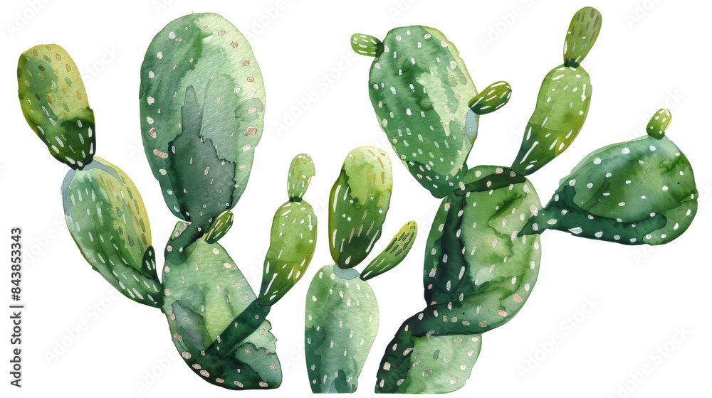 A vibrant watercolor painting of a prickly pear cactus with green pads and a few budding flowers. A vibrant watercolor painting of a prickly pear cactus with green pads and a few budding flowers.