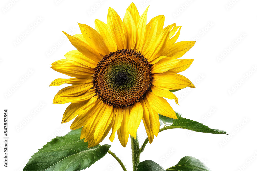 Obraz premium A vibrant yellow sunflower with green leaves, blooming brightly against a black background.
