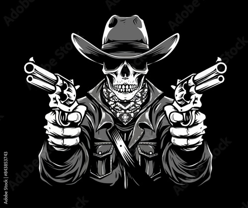 a skeleton wearing a cowboy hat holding two guns