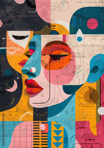 a painting of a woman's face surrounded by abstract shapes
