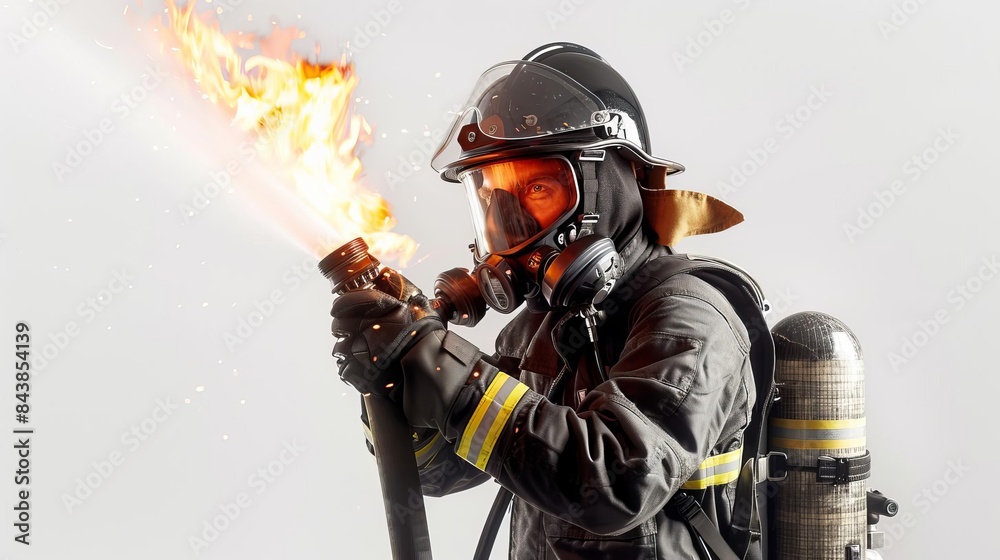 firefighter with a hose and fire extinguisher firefighter with a hose and fire extinguisher