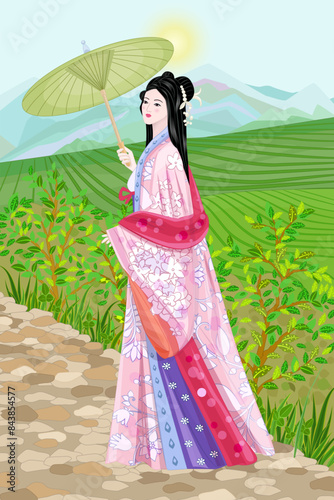 mountain scenery with a beautiful chinese girl in traditional co